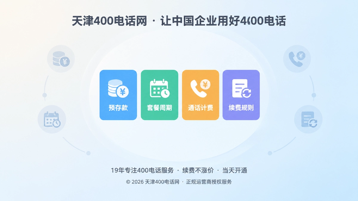 聚焦式插画：圆形聚焦光区内排列预存款、套餐周期、通话计费、续费规则四张彩色卡片