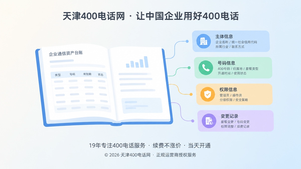 企业通信资产台账的抽象扁平插画，多张彩色信息卡片围绕一本台账册，代表400电话进入长期管理阶段